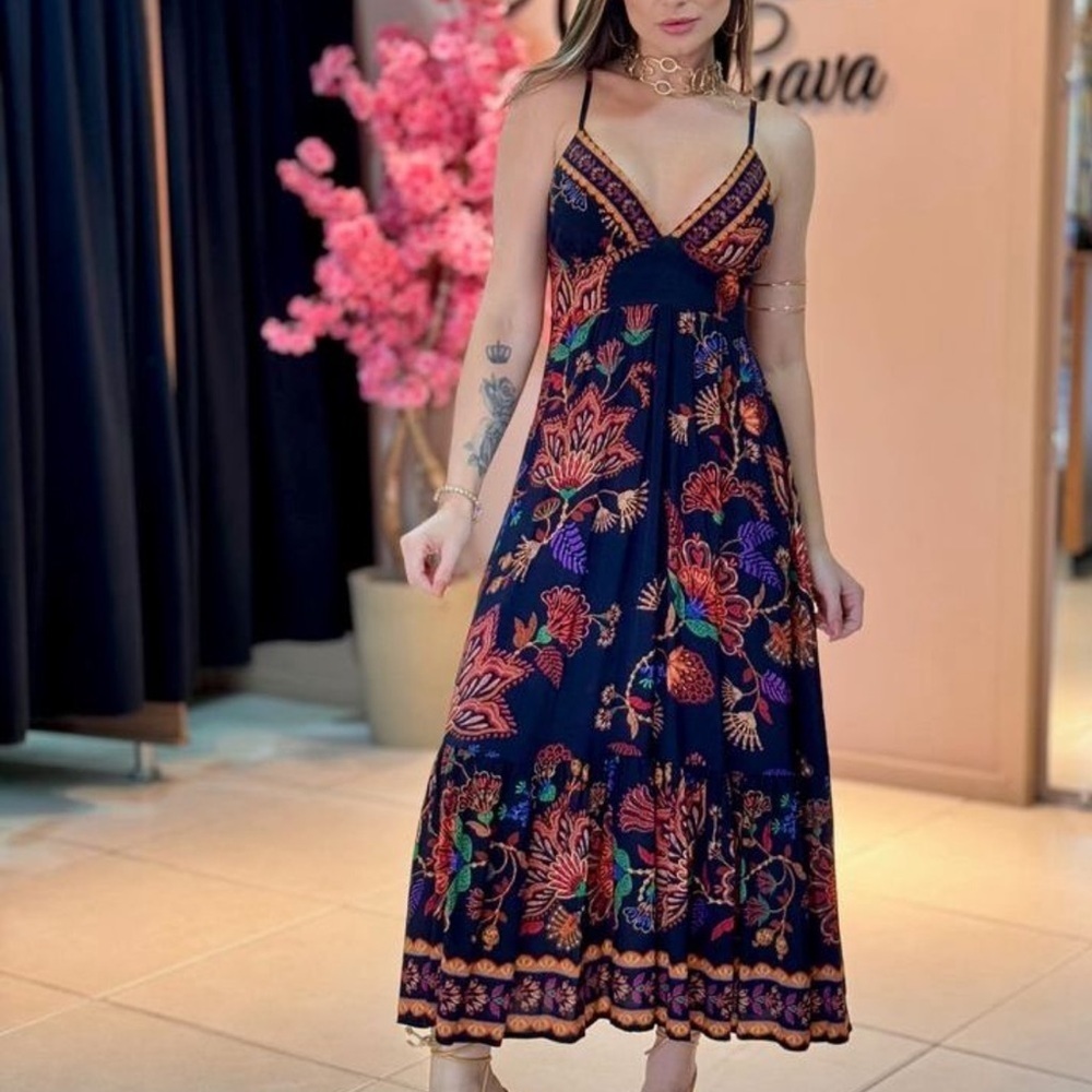 FARM Rio Floral Valentina Black Midi Dress Size XS